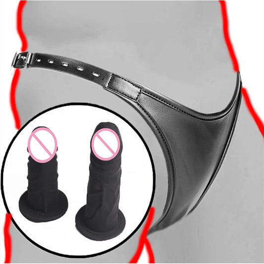 Harnais en cuir Culotte de chasteté Strapon Silicone Double Dildos