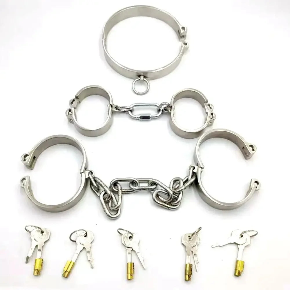 3 pièces/ensemble collier d'esclave + menottes pour le sexe + manille en acier, harnais de bondage, collier d'esclave