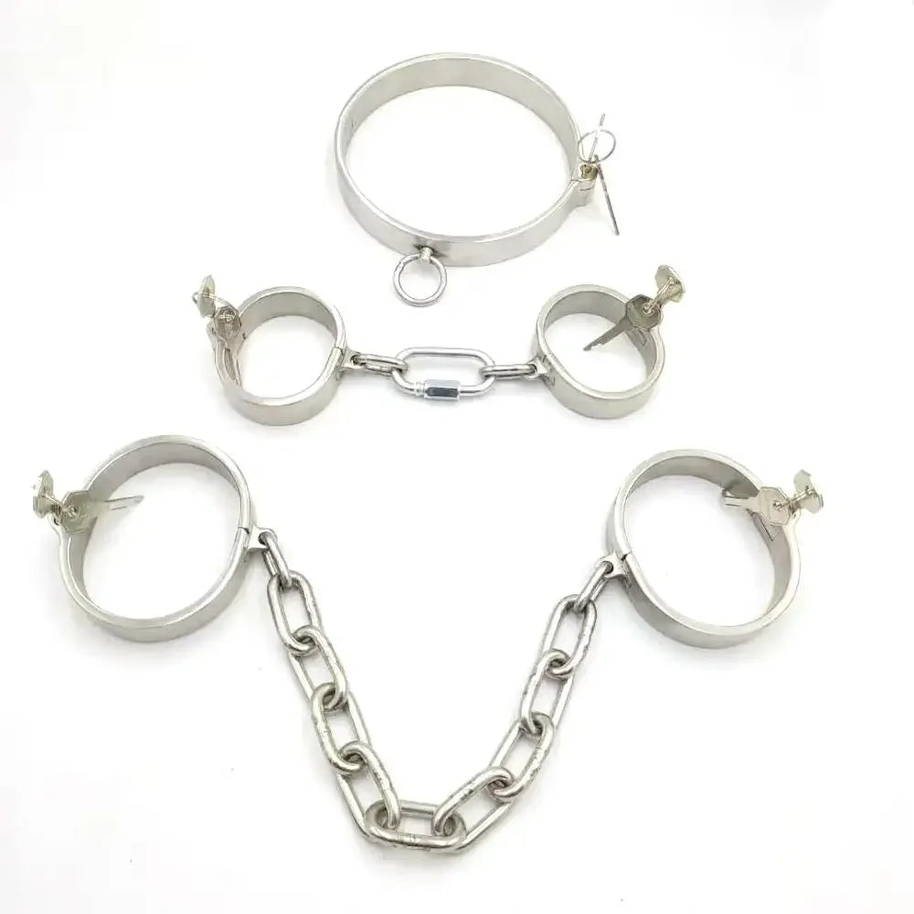 3 pièces/ensemble collier d'esclave + menottes pour le sexe + manille en acier, harnais de bondage, collier d'esclave